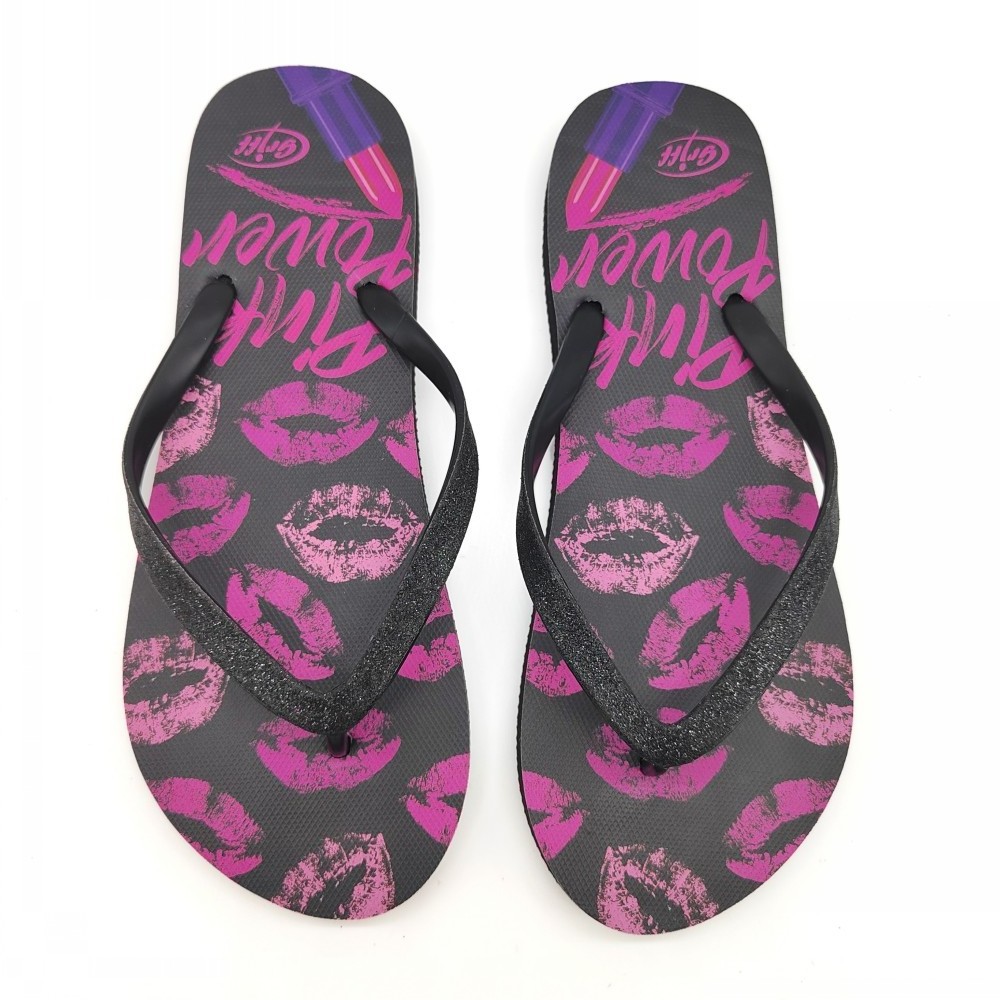 Custom Fashion Glitter Strap Kiss Pattern Printing Insole Beach Slipper Flip Flop For Ladies