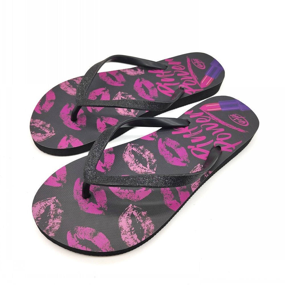 Custom Fashion Glitter Strap Kiss Pattern Printing Insole Beach Slipper Flip Flop For Ladies