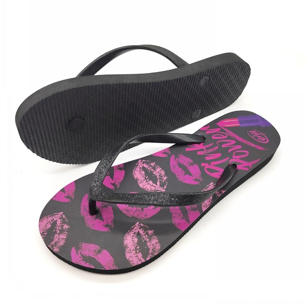 Custom Fashion Glitter Strap Kiss Pattern Printing Insole Beach Slipper Flip Flop For Ladies