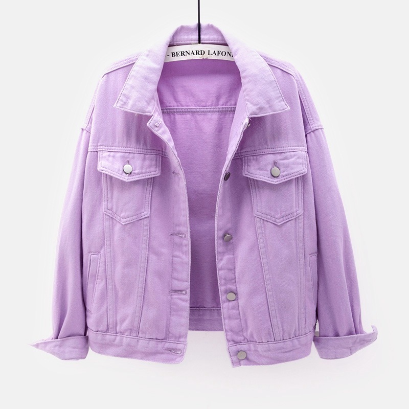 Women's plus size denim jacket spring autumn short coat jean jacket casual tops purple yellow white loose outerwear