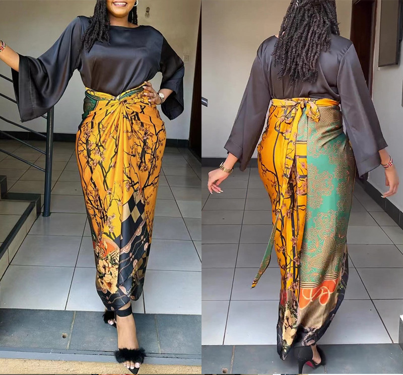 African Printed Bandage 2 Piece Suit Dress Robe Elegant Ol O-Neck Loose Flare Sleeve Lace-Up Skirt Womens Two Piece Skirt Set