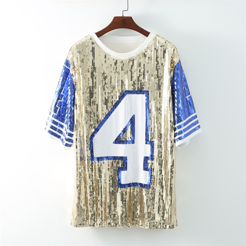 Sexy Loose Clothes Party Dresses Blouse Casual Fashion Bling T-Shirts Embroidery Sequin Jersey Tops Football Short Sleeve Shirt