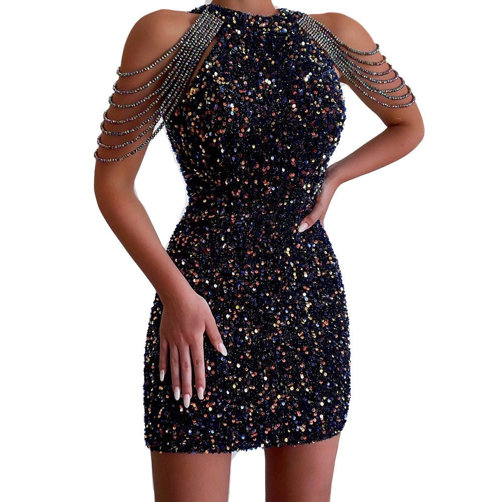 Fashion Off Shoulder Beading Gold Sequin Sequined Luxury Party Wrap Hip Short Dresses Sexy Crystal Tassel Evening Dress