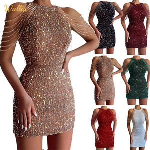 Fashion Off Shoulder Beading Gold Sequin Sequined Luxury Party Wrap Hip Short Dresses Sexy Crystal Tassel Evening Dress