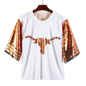 Sexy Loose Clothes Party Dresses Blouse Casual Fashion Bling T-Shirts Embroidery Sequin Jersey Tops Football Short Sleeve Shirt