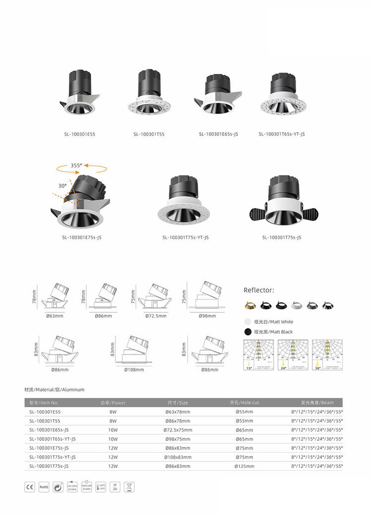 New High Quality Dimmable COB LED Recessed Ceiling Light Downlight Spotlight Square Round Anti Glare LED Down Light