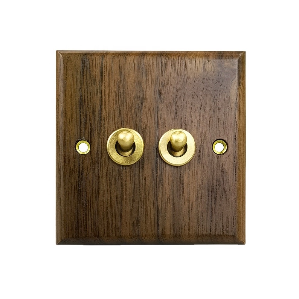 Low Price Brass Knob 86x86mm Frame Real Wood Panel 2 Gang 2 Way Double Toggle Wall Light Switch