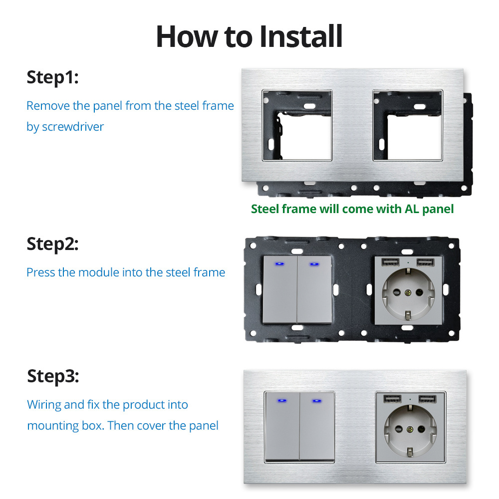 DIY Silver Aluminum Alloy Panel 1 2 3 4 Gang Wall Switch EU UK MF Socket With Type C USB Free Combination