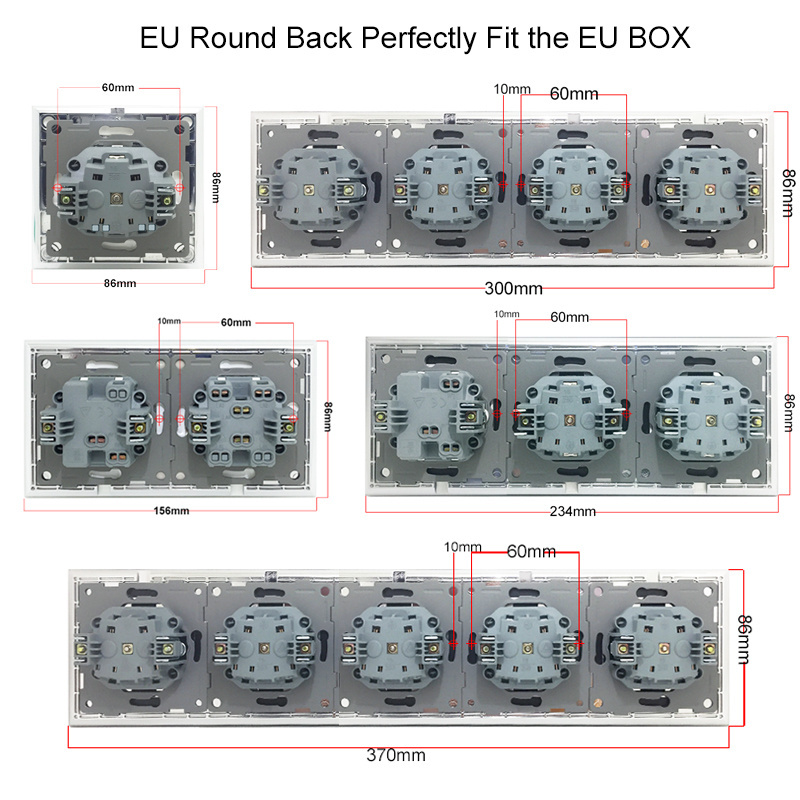 EU 2 Gang 1 Way Plate Switch with Light White Black Crystal Glass Wallpad European Schuko Electric Switches with Claws Back