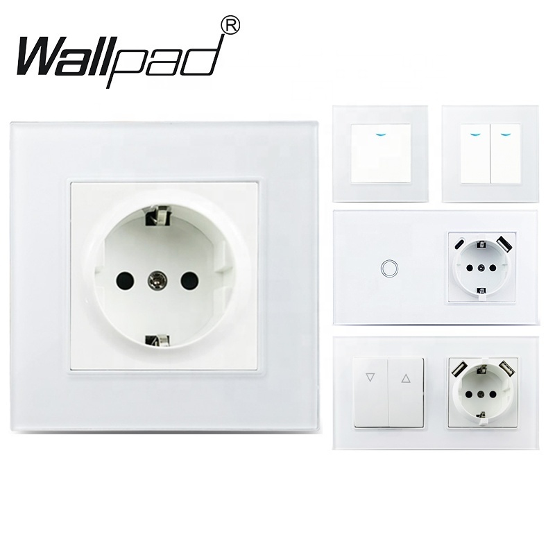 EU 2 Gang 1 Way Plate Switch with Light White Black Crystal Glass Wallpad European Schuko Electric Switches with Claws Back