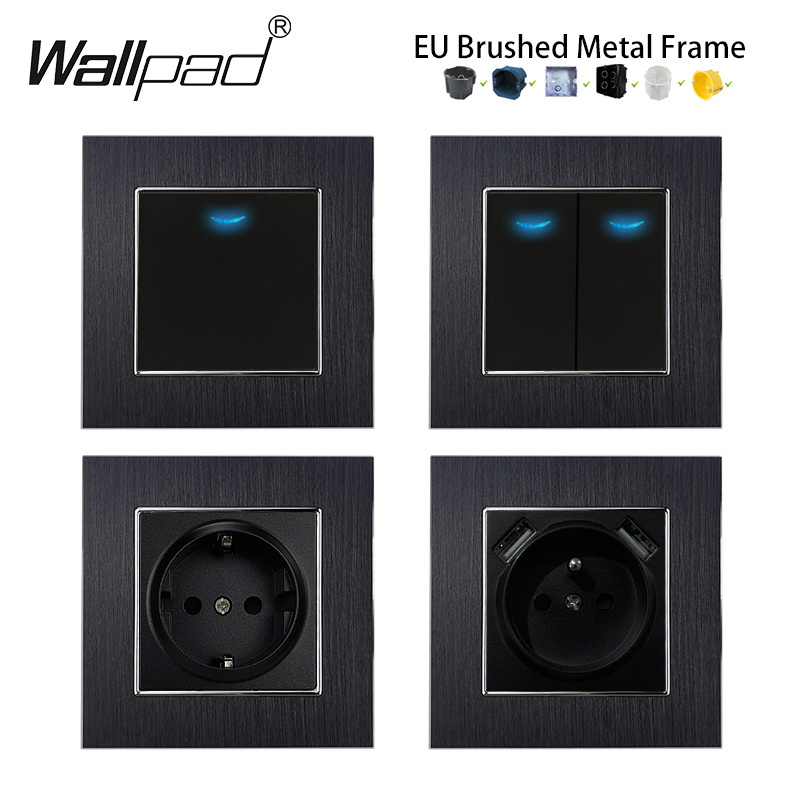 1 Gang 1 Way Switch Button Wallpad 110-250V Black Brushed Metal Schuko EU European Standard 1 Gang Switch with Claws Round Box