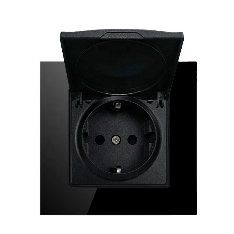 European Standard Black Glass Panel EU Hidden Power Wall Socket with Cap Cover Screwless for Round Box