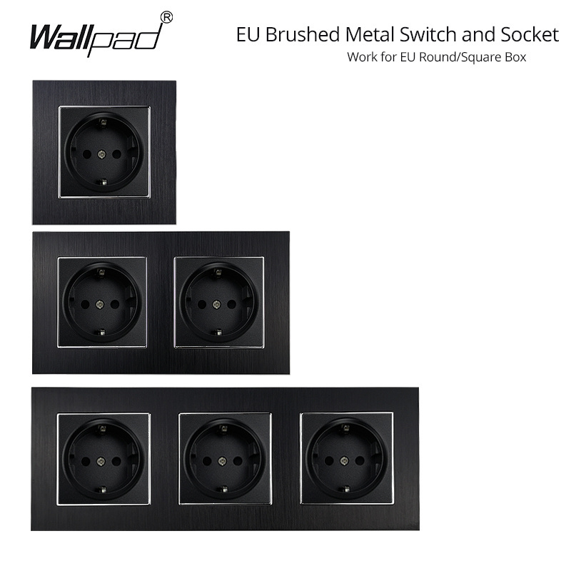 LED 1 Gang 2 Way Switch Button Wallpad 110-250V Black Brushed Metal Schuko French EU European Pass Switch with LED Indicator