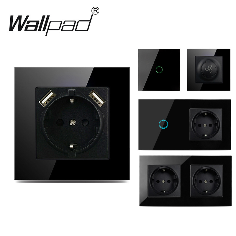 European Standard Black Glass Panel EU Hidden Power Wall Socket with Cap Cover Screwless for Round Box