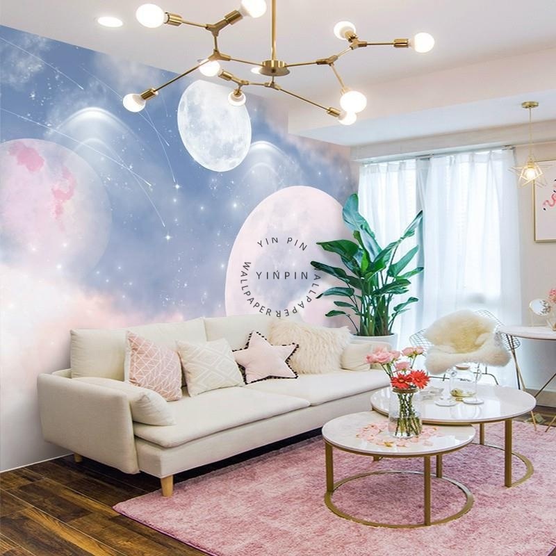 Nordic art pink starry sky fantasy children's room mural background wallpaper