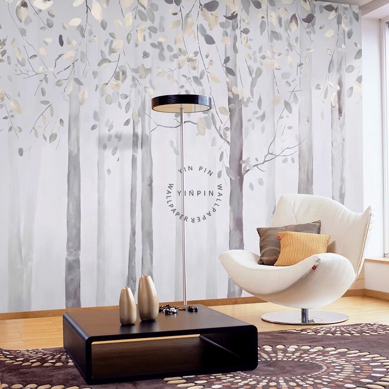 American light luxury wallpaper sofa TV background wall birch forest self-adhesive mural