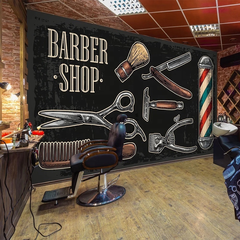 Peel and stick wall art design printed removable 3d wallpaper custom for barber shop