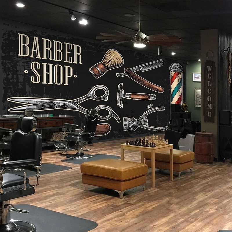 Peel and stick wall art design printed removable 3d wallpaper custom for barber shop