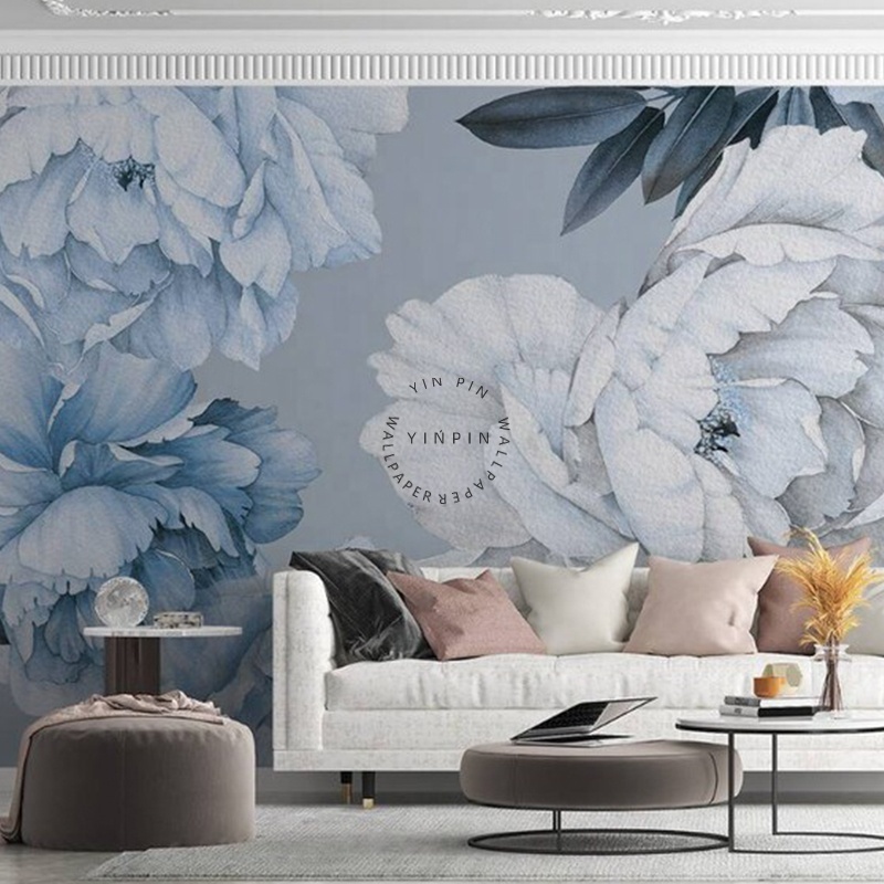 Blue and White Peony Flowers Peony Flower Murals Modern Background Wallpaper for Sofa bedroom decor