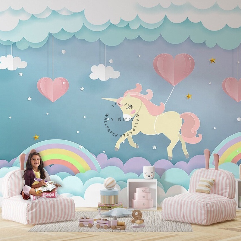 Pink Heart Flying Unicorn Rainbow Cloud children wallpaper for bedroom living room decoration