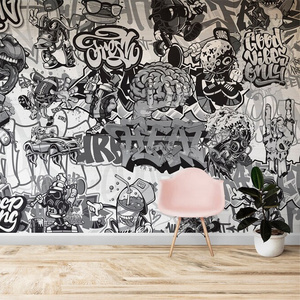 Black and white game graffiti peel and stick 3d mural wallpaper