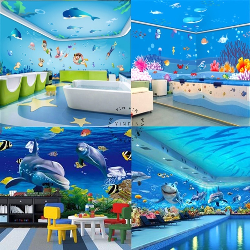 Ocean style underwater world baby swimming pool restaurant wallpaper