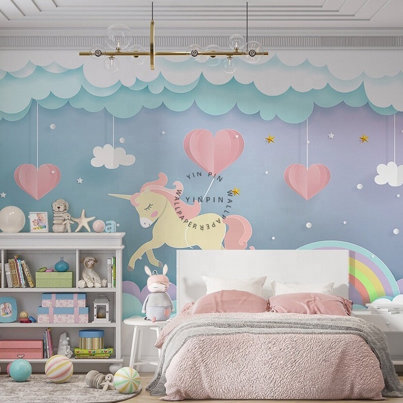 Pink Heart Flying Unicorn Rainbow Cloud children wallpaper for bedroom living room decoration