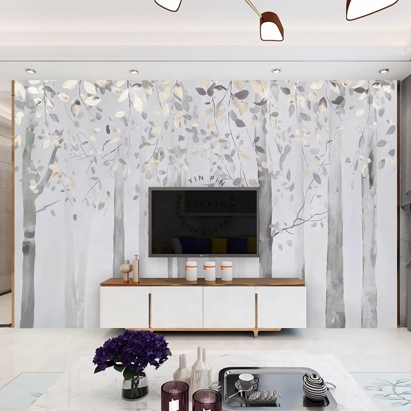 American light luxury wallpaper sofa TV background wall birch forest self-adhesive mural