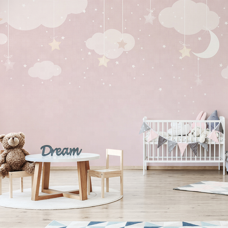 Nordic pink star cloud wallpaper custom cartoon warm children's room wallpaper Girl Bedroom background wallpaper