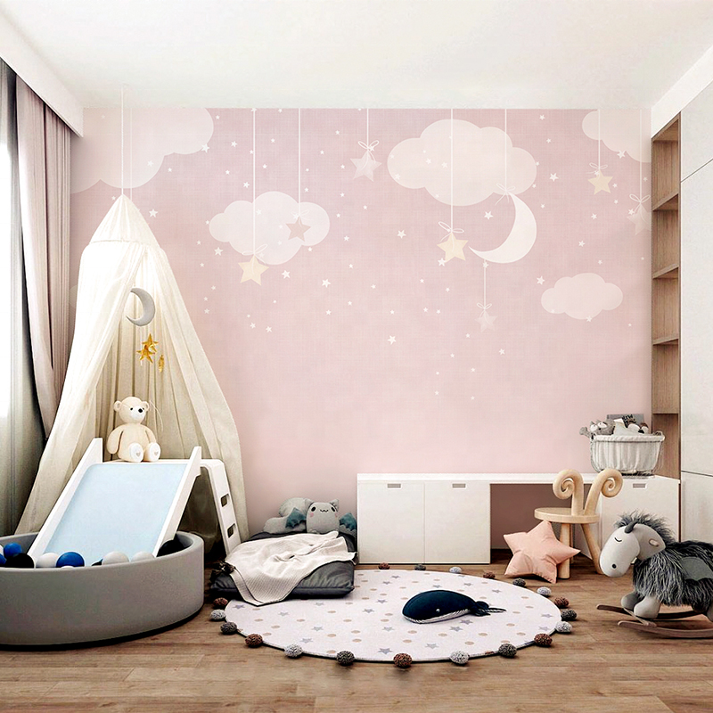 Nordic pink star cloud wallpaper custom cartoon warm children's room wallpaper Girl Bedroom background wallpaper