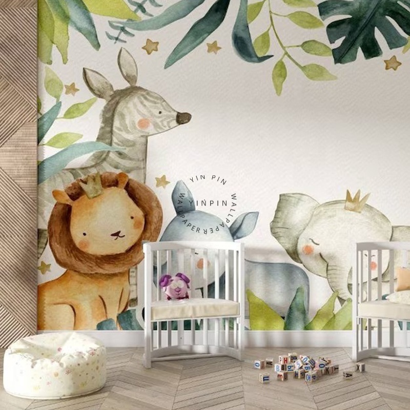 Safari lion zebra giraffe rhino nursery with baby elephant wallpaper for bedroom living room decoration