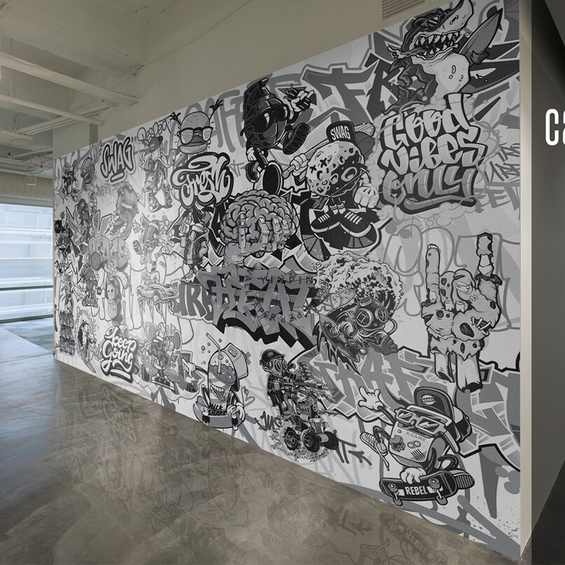 Black and white game graffiti peel and stick 3d mural wallpaper