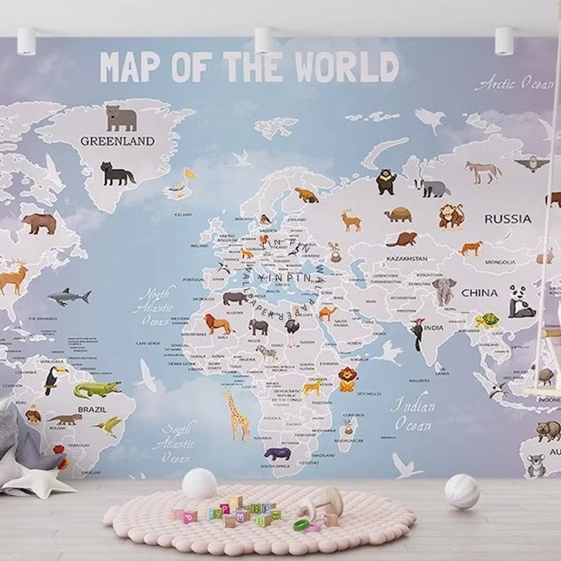 World Map Cute Animals Blue Pink nursery kids Wallpaper for bedroom Living Room Background decoration