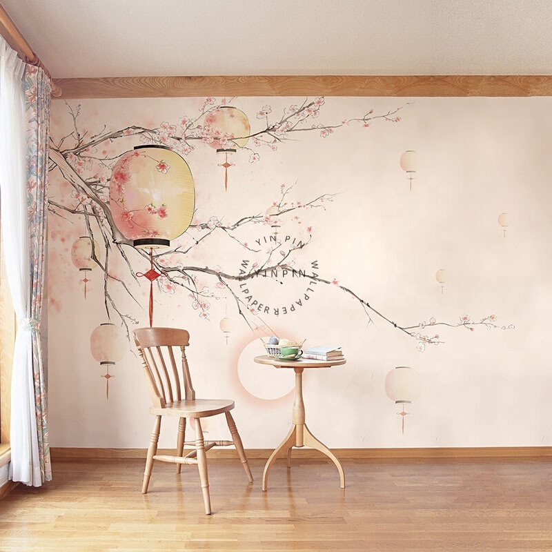 New Chinese style cherry blossom lantern living room background wallpaper