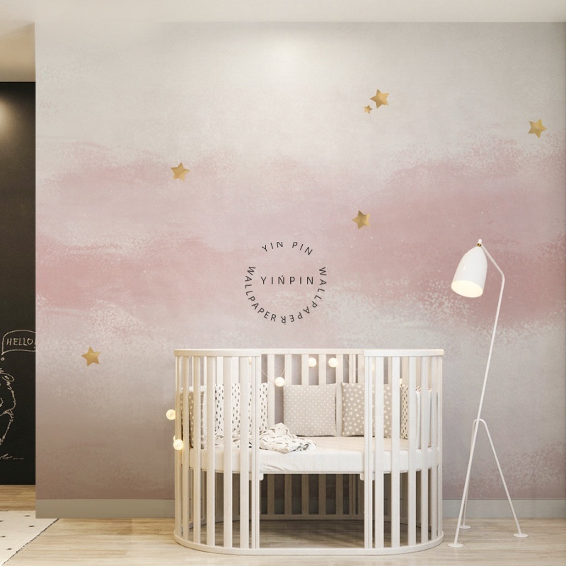 Customized self-adhesive wallpaper for pink cloud and star girl bedroom