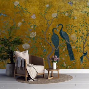 Chinoiserie Flower Crane Birds Peacock Wall Mural Vintage Wallpaper for living room restaurant decor