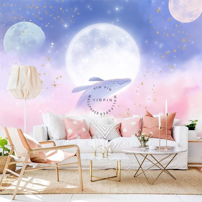 Nordic art pink starry sky fantasy children's room mural background wallpaper