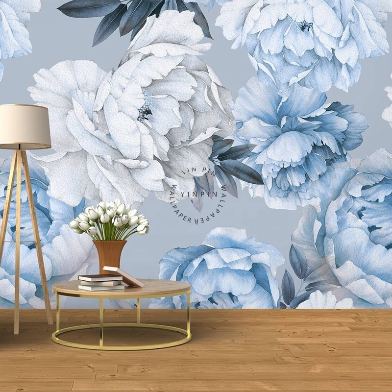 Blue and White Peony Flowers Peony Flower Murals Modern Background Wallpaper for Sofa bedroom decor