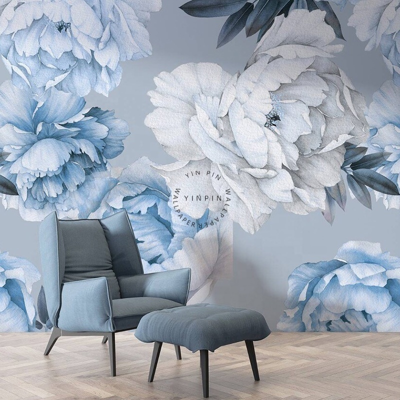 Blue and White Peony Flowers Peony Flower Murals Modern Background Wallpaper for Sofa bedroom decor