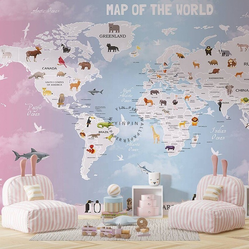 World Map Cute Animals Blue Pink nursery kids Wallpaper for bedroom Living Room Background decoration