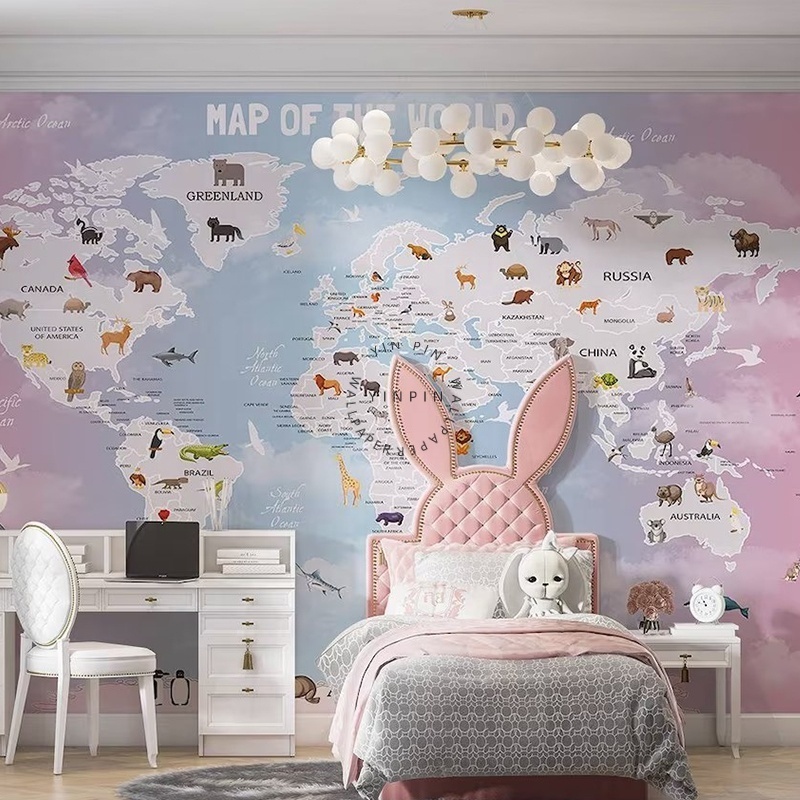 World Map Cute Animals Blue Pink nursery kids Wallpaper for bedroom Living Room Background decoration