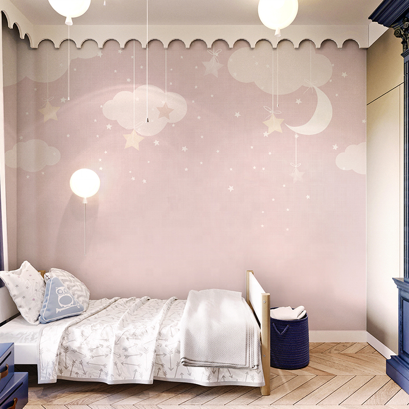 Nordic pink star cloud wallpaper custom cartoon warm children's room wallpaper Girl Bedroom background wallpaper