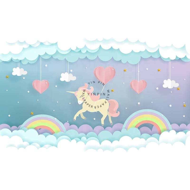 Pink Heart Flying Unicorn Rainbow Cloud children wallpaper for bedroom living room decoration