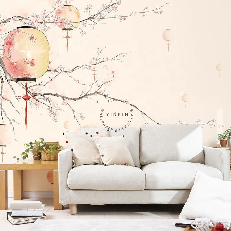 New Chinese style cherry blossom lantern living room background wallpaper