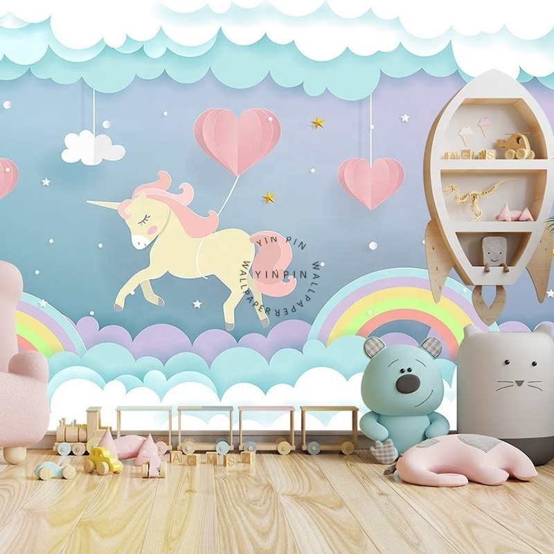 Pink Heart Flying Unicorn Rainbow Cloud children wallpaper for bedroom living room decoration