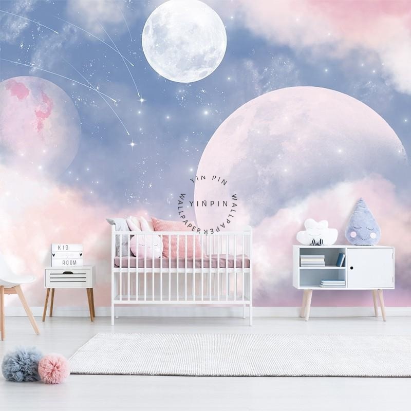 Nordic art pink starry sky fantasy children's room mural background wallpaper