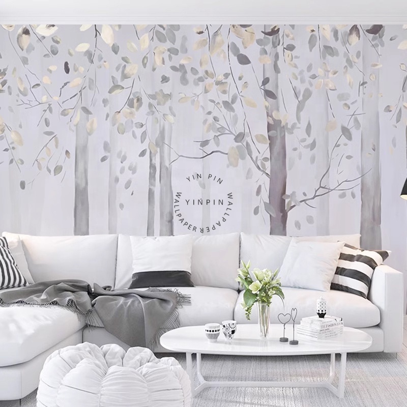 American light luxury wallpaper sofa TV background wall birch forest self-adhesive mural