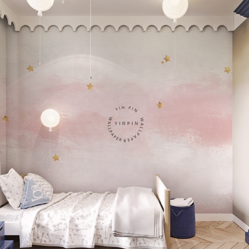 Customized self-adhesive wallpaper for pink cloud and star girl bedroom