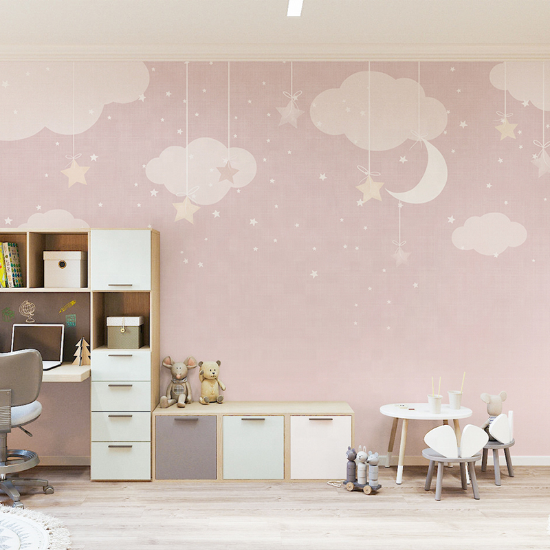 Nordic pink star cloud wallpaper custom cartoon warm children's room wallpaper Girl Bedroom background wallpaper