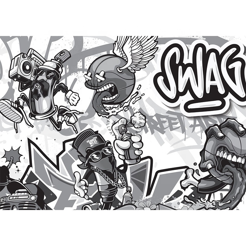 Black and white game graffiti peel and stick 3d mural wallpaper